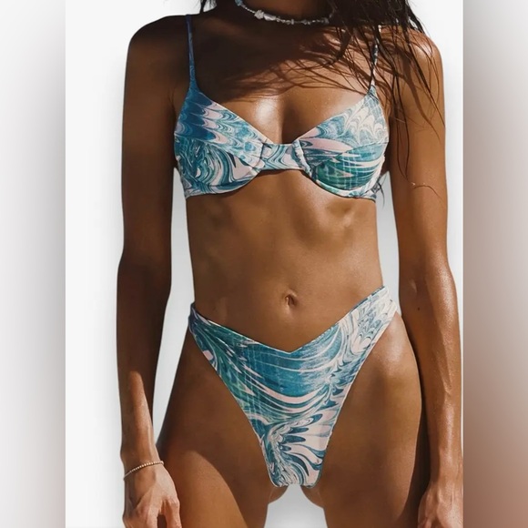 Blue Swirl Underwire High Waisted Thong Bikini Set - Picture 5 of 10